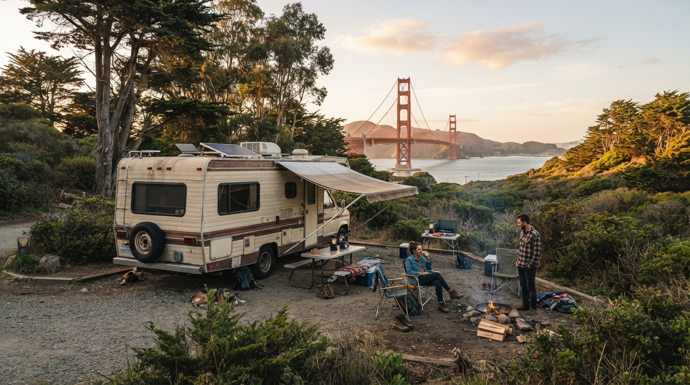 San Francisco to Chicago - Transcontinental Treasures — campground with a motorhome