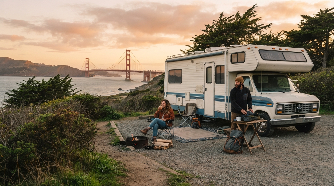 San Francisco to Dallas - The Great American Odyssey — campground with a motorhome