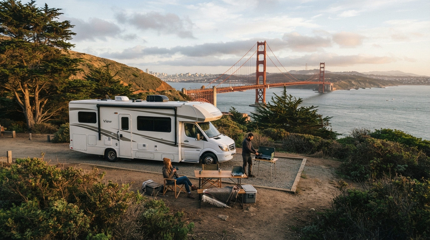 San Francisco to Las Vegas - 20-day family RV route — campground with a motorhome