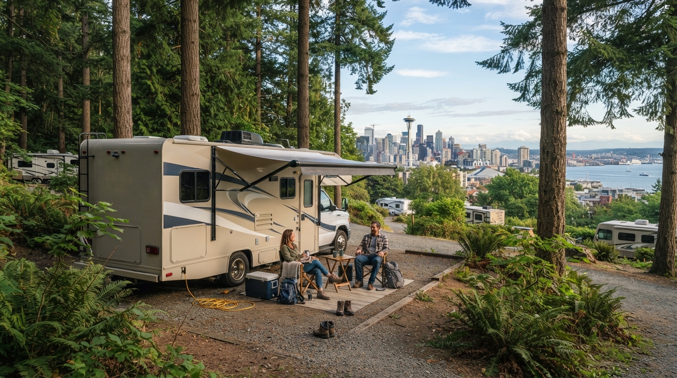 Seattle to Denver - Includes the Canadian Rocky mountain — campground with a motorhome