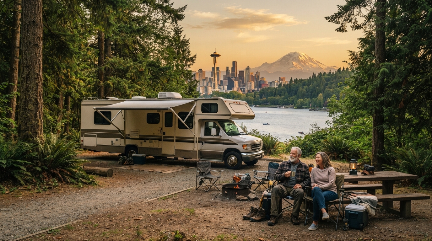 Seattle to Salt Lake City (including Yellowstone) — campground with a motorhome