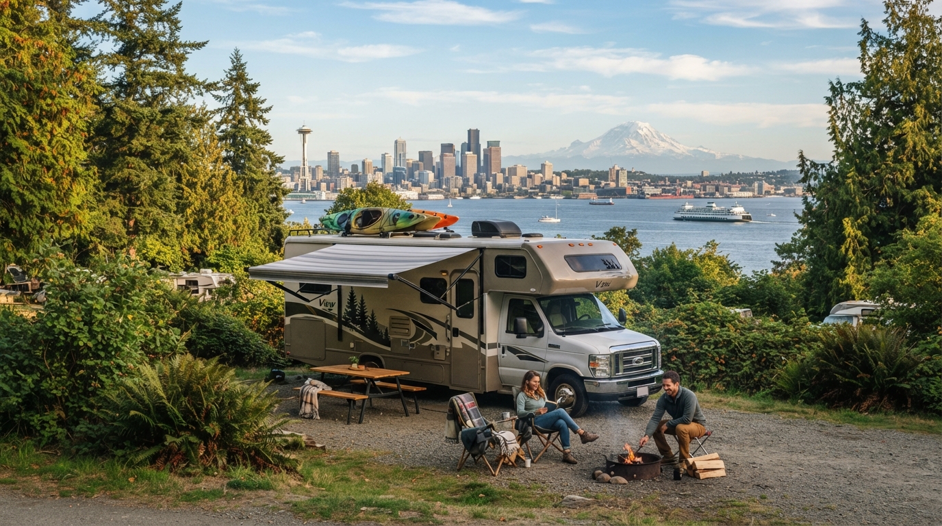 Seattle to Los Angeles — campground with a motorhome