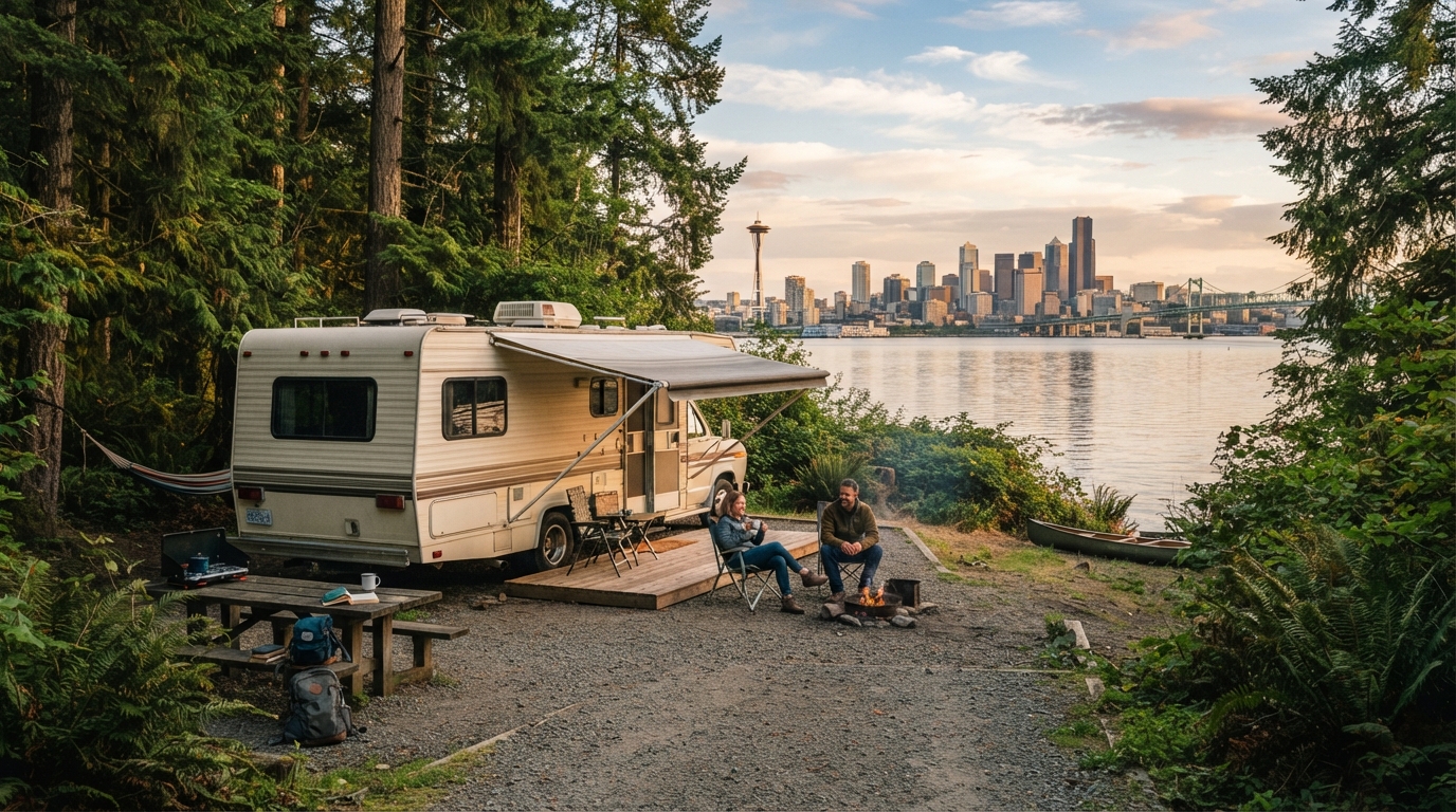 Seattle to Salt Lake City- Towards the Canadian Rockies and The Yellowstone — campground with a motorhome