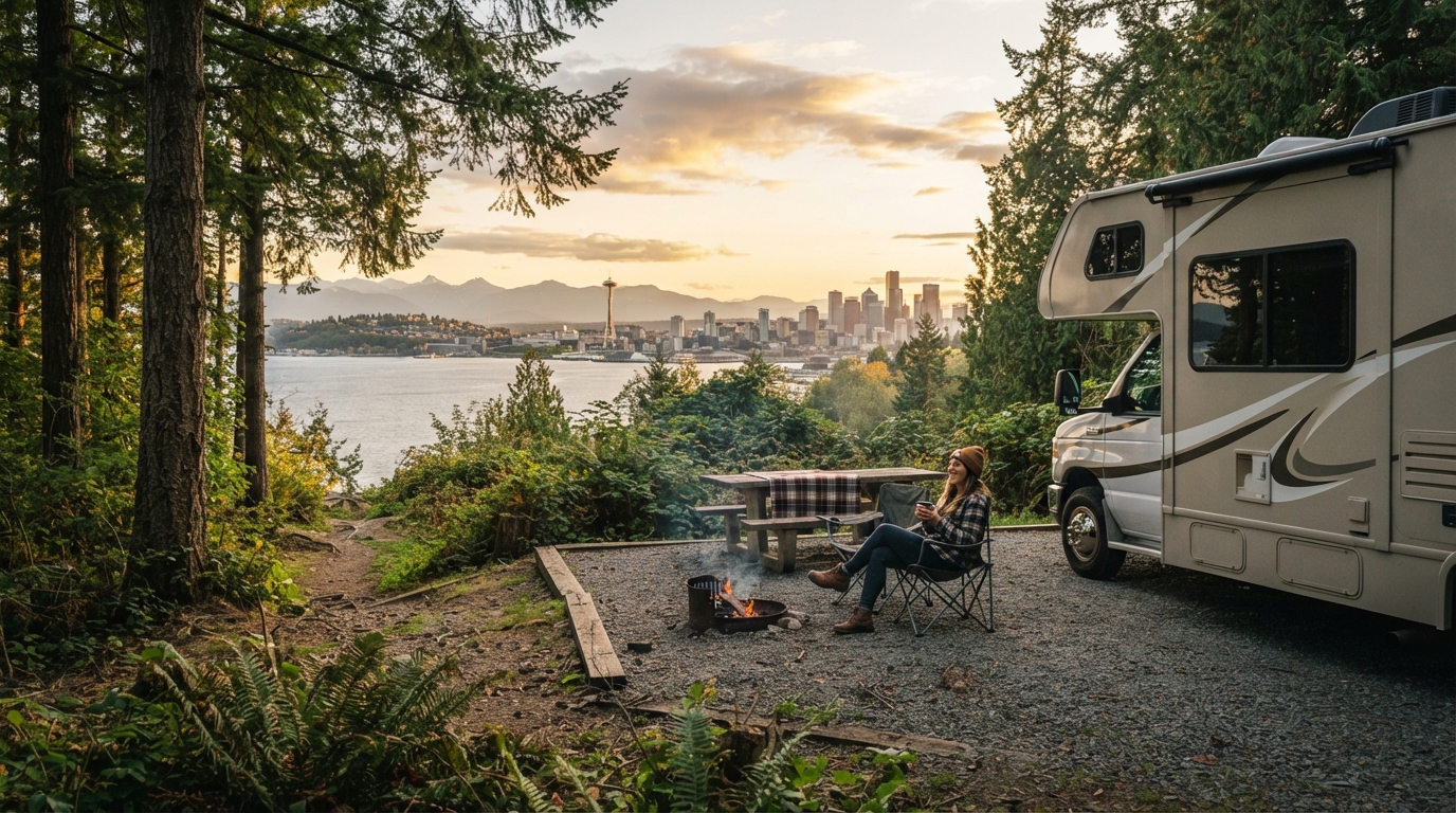 Seattle Roundtrip - to the Canadian Rockies & Vancouver Island — campground with a motorhome