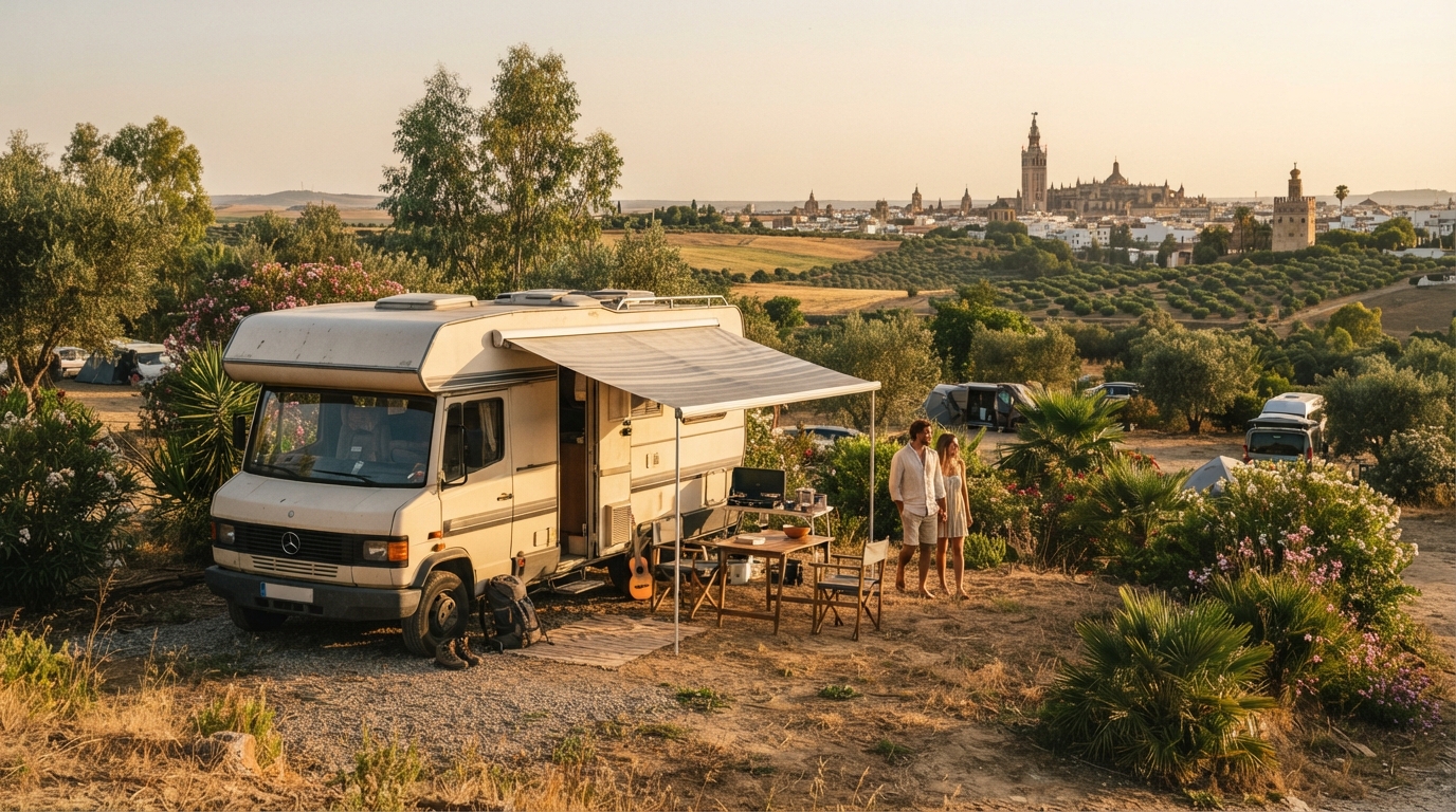 Seville Round Trip - Moorish Palaces and the Rock of Gibraltar — campground with a motorhome