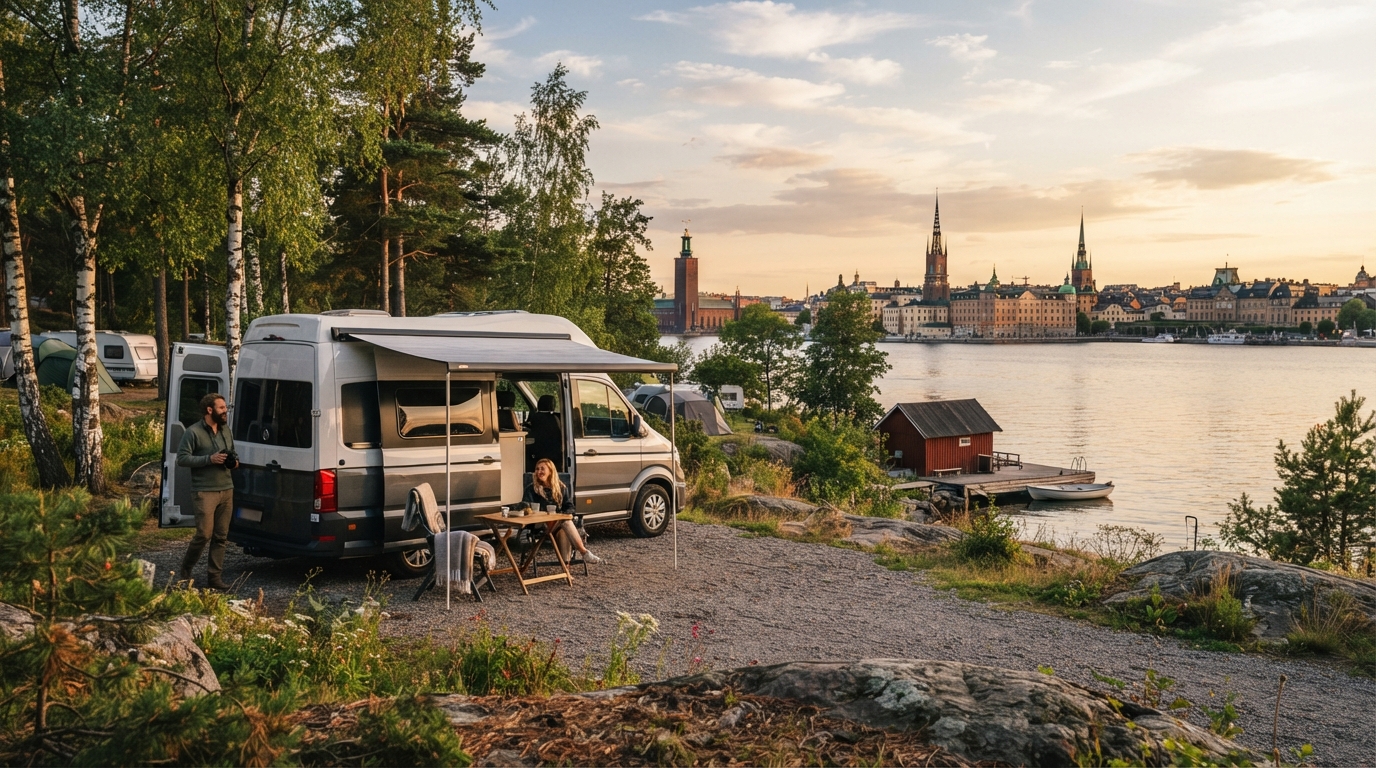 Stockholm Round trip - Sweden, Denmark and Norway Family Adventure — campground with a motorhome
