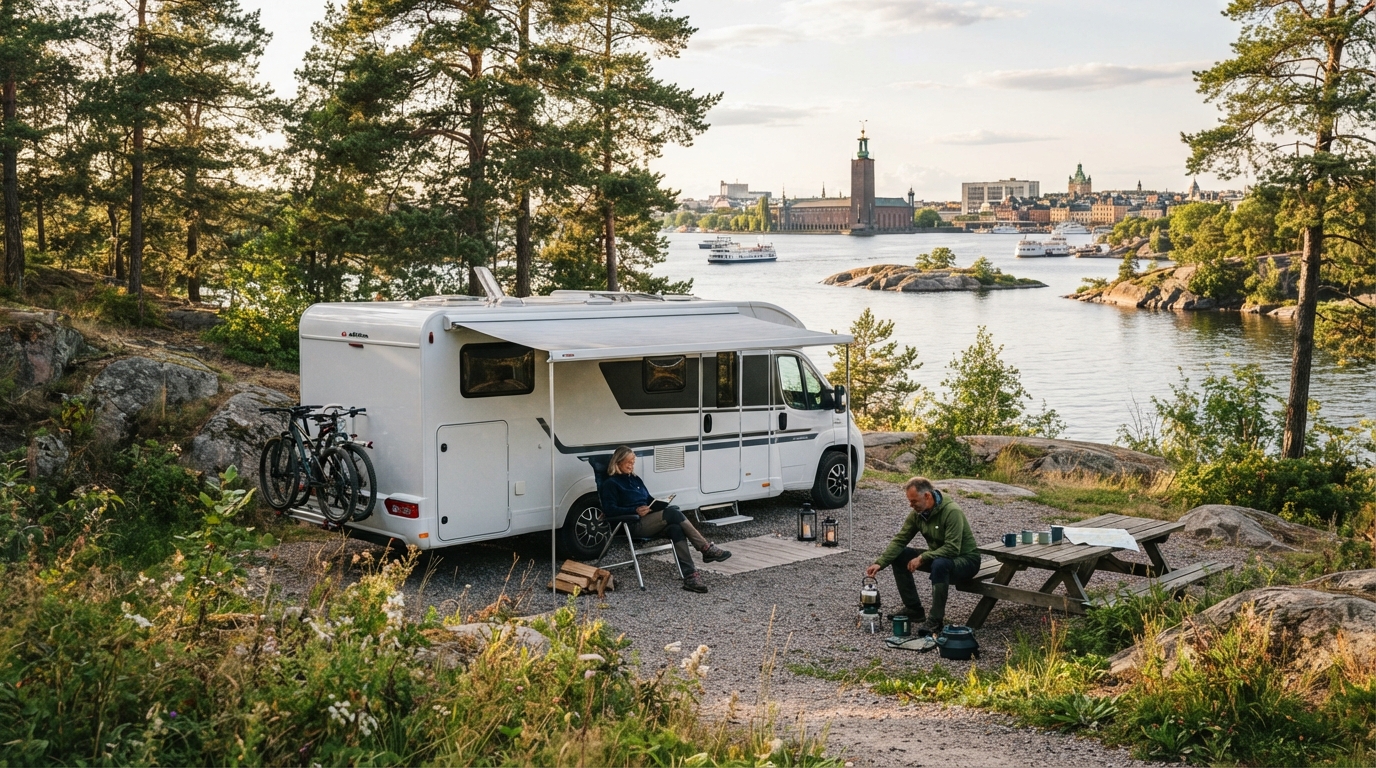 Stockholm Roundtrip - Viking Trails & Arctic Adventures — campground with a motorhome