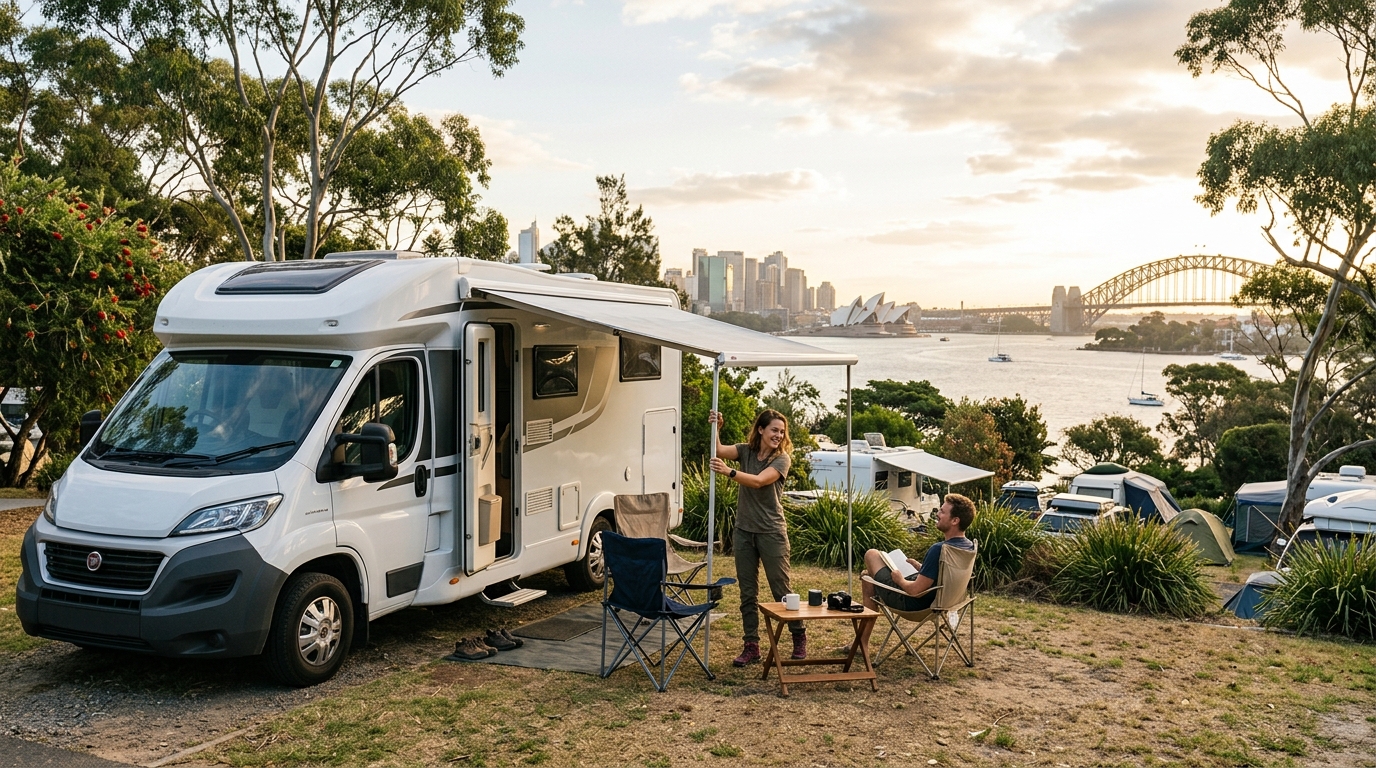 Sydney to Darwin — campground with a motorhome