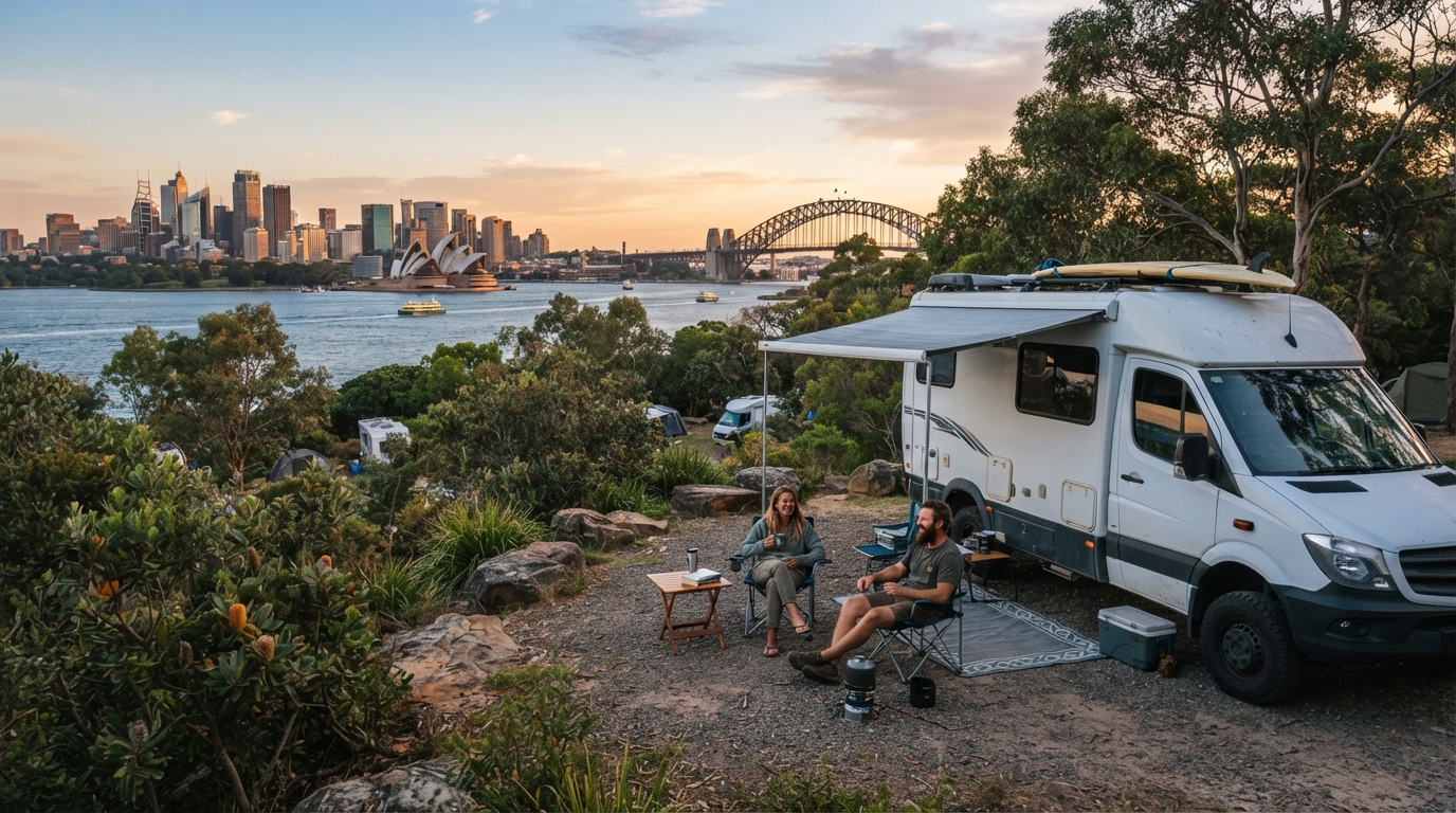 Sydney to Melbourne including Tasmania — campground with a motorhome
