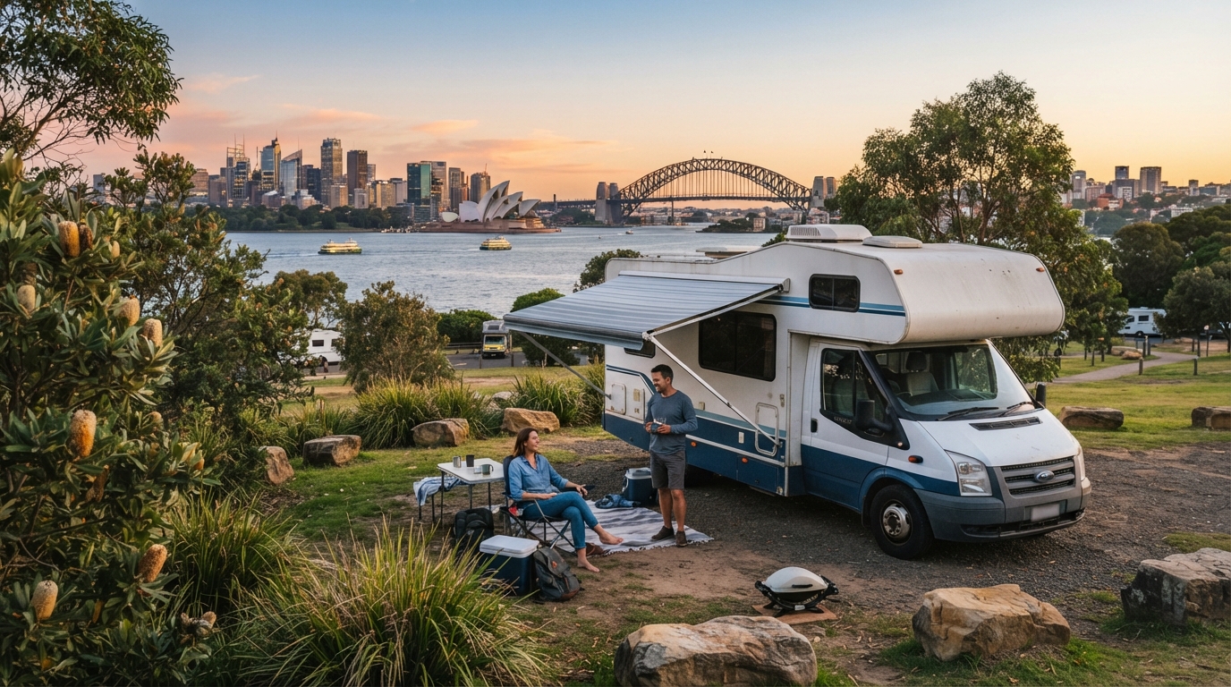 Sydney to Alice Springs - Following Priscilla, a Journey Through Glam and Desert — campground with a motorhome