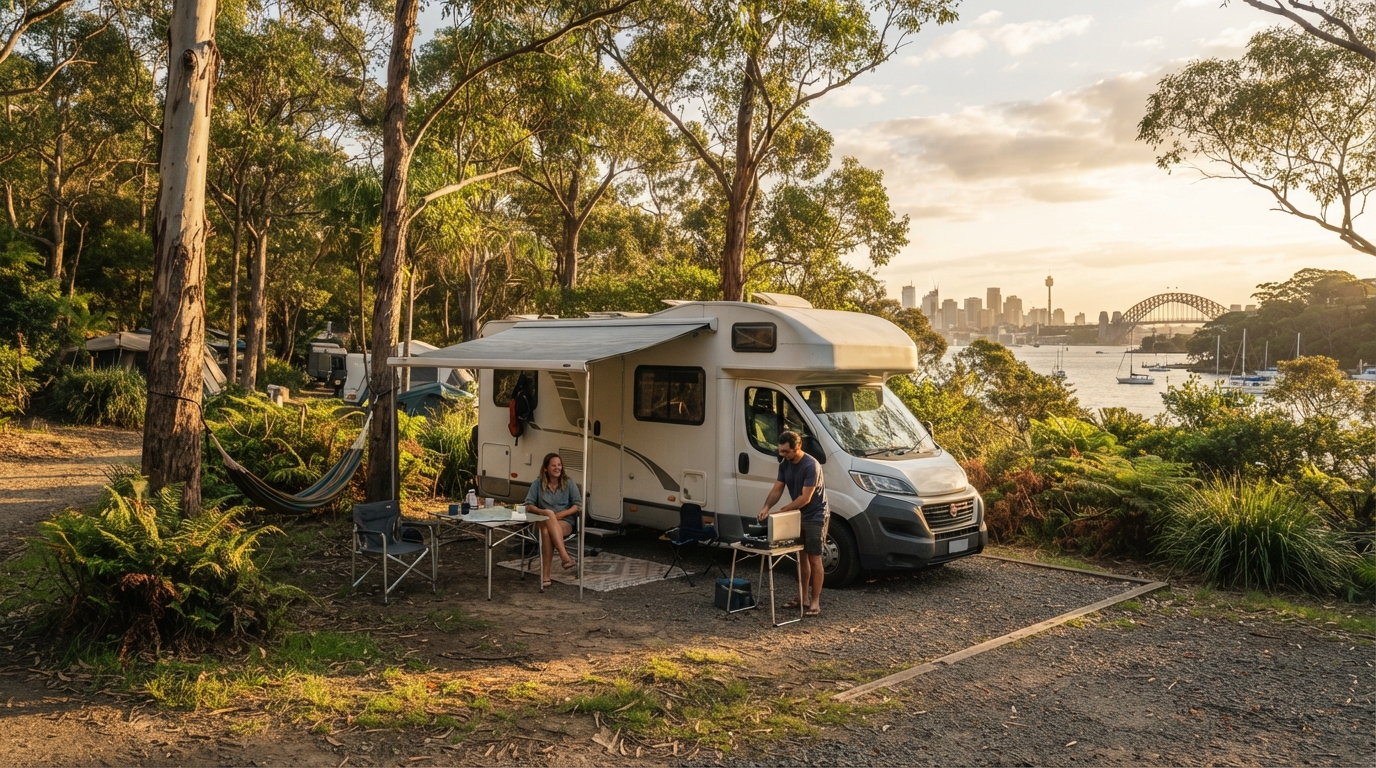Sydney to Adelaide — campground with a motorhome