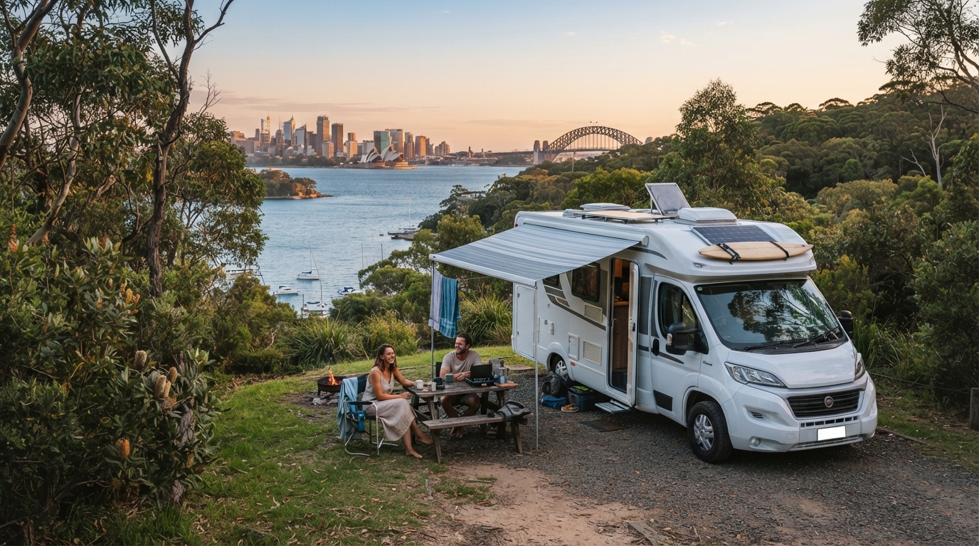 Sydney to Adelaide - the Outback and Blue Mountains — campground with a motorhome