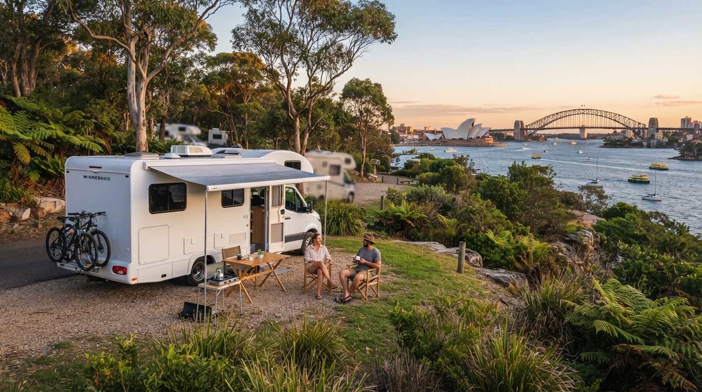 Sydney to Melbourne — campground with a motorhome