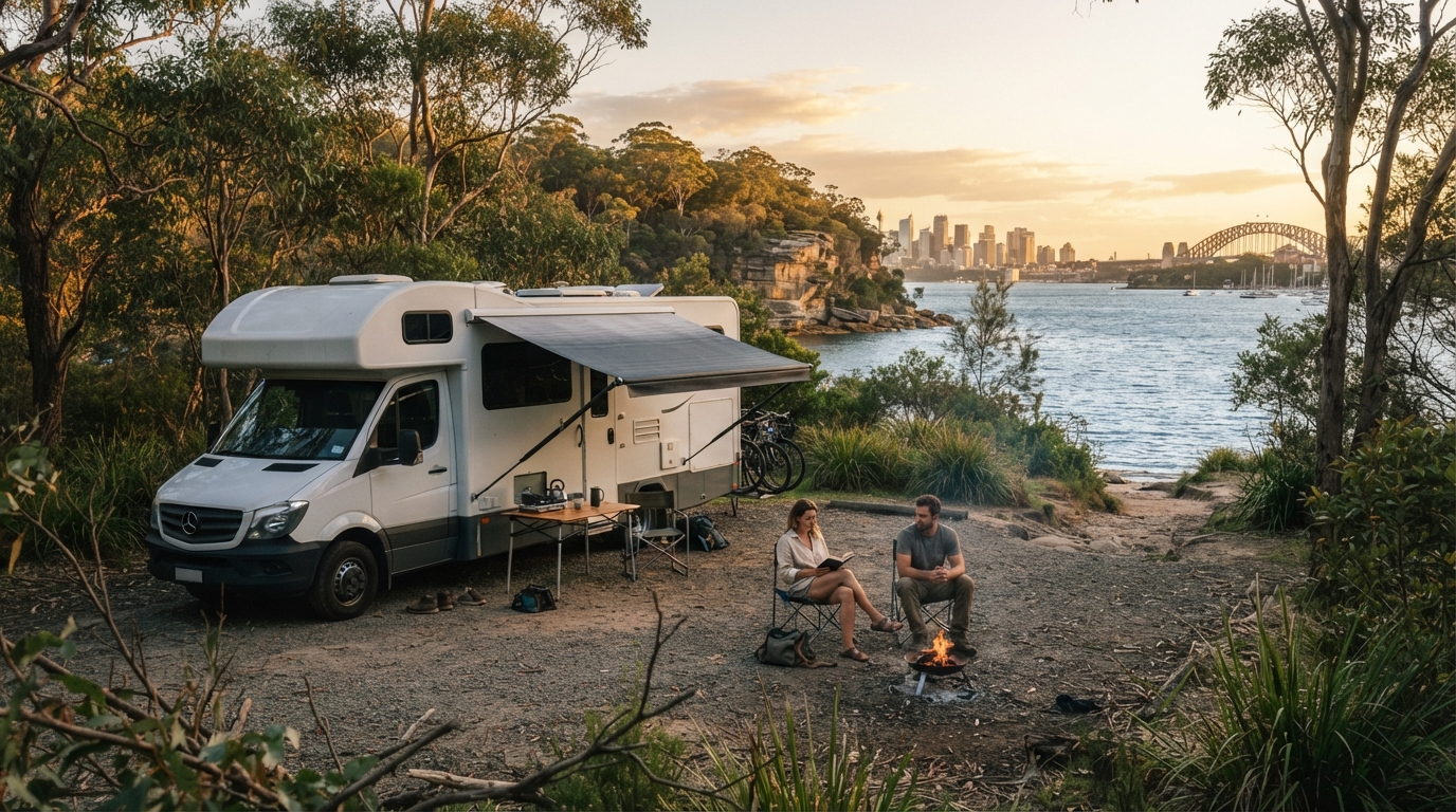 Sydney to Brisbane — campground with a motorhome