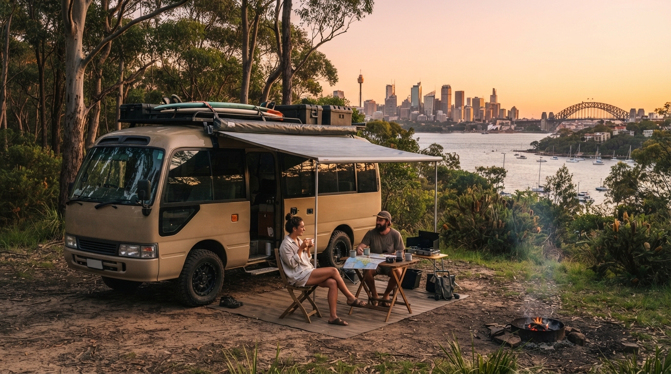 Sydney to Brisbane — campground with a motorhome