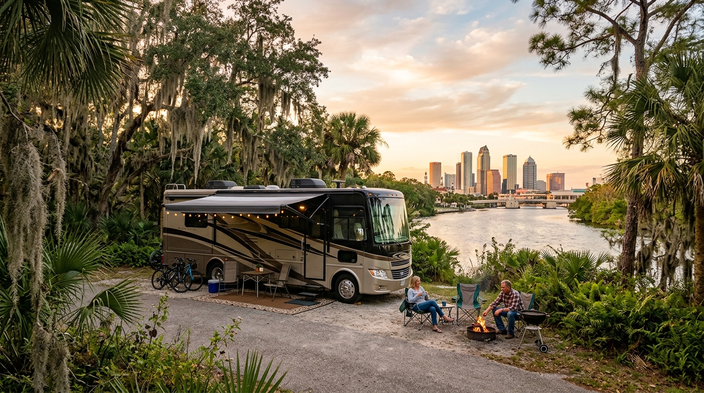 Tampa to Portland — campground with a motorhome