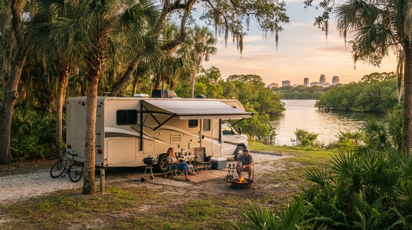 Tampa Roundtrip - The Ultimate Florida Family RV Adventure — campground with a motorhome