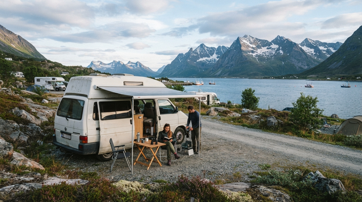 Tromsø Round Trip - Arctic Wonders: Northern Norway Family Road Trip — campground with a motorhome