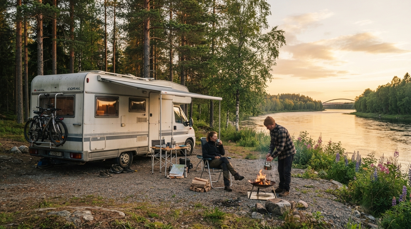 Umea Round trip - Legends of the North RV Journey — campground with a motorhome