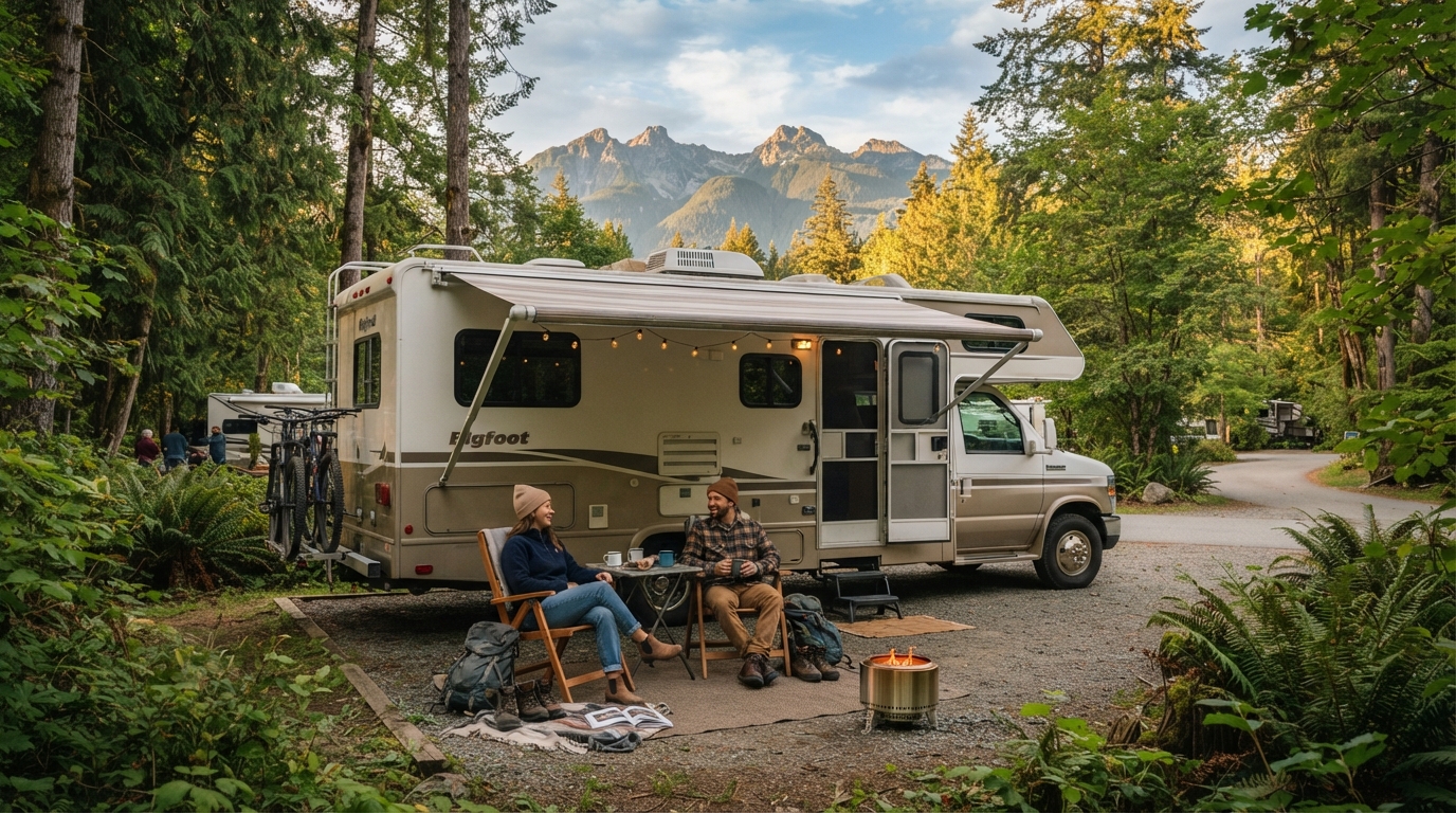 Vancouver to Calgary - Nature’s Highway: A Motorhome Journey to the Rockies — campground with a motorhome