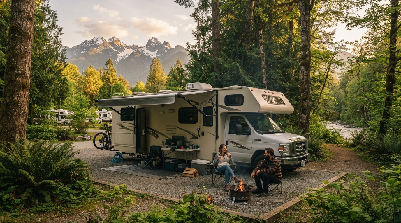 Vancouver Roundtrip - Including the Rockies mountains and Vancouver Island — campground with a motorhome
