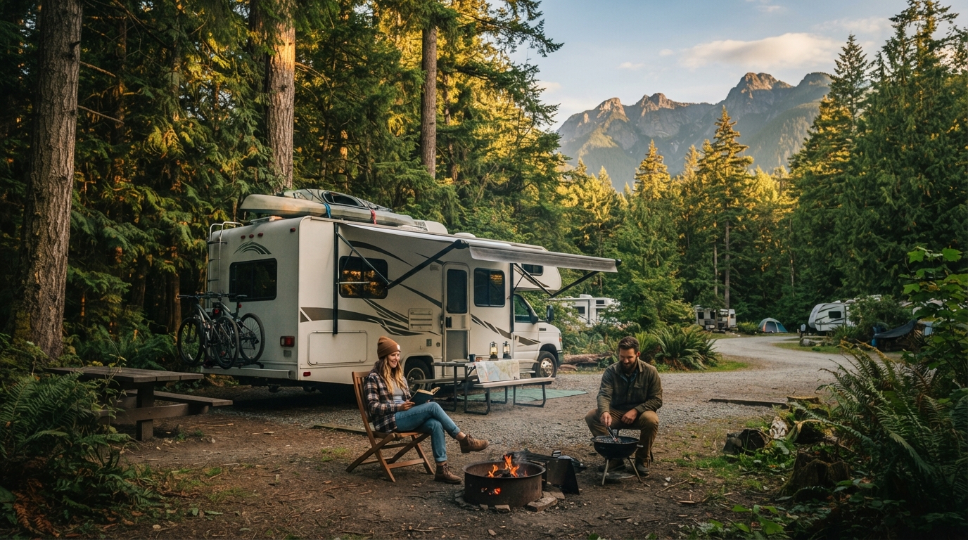 Vancouver Roundtrip - Including the Rocky mountains — campground with a motorhome