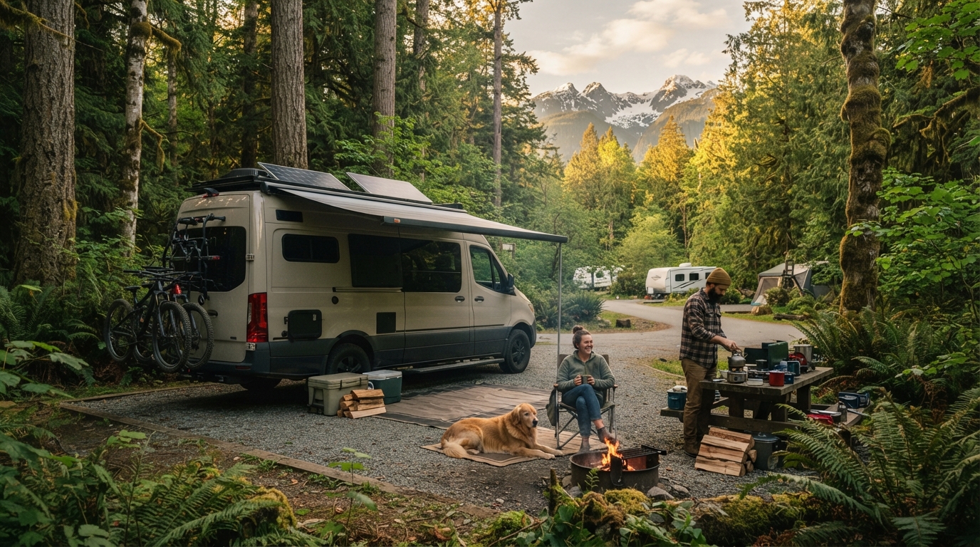 Vancouver Roundtrip - East — campground with a motorhome