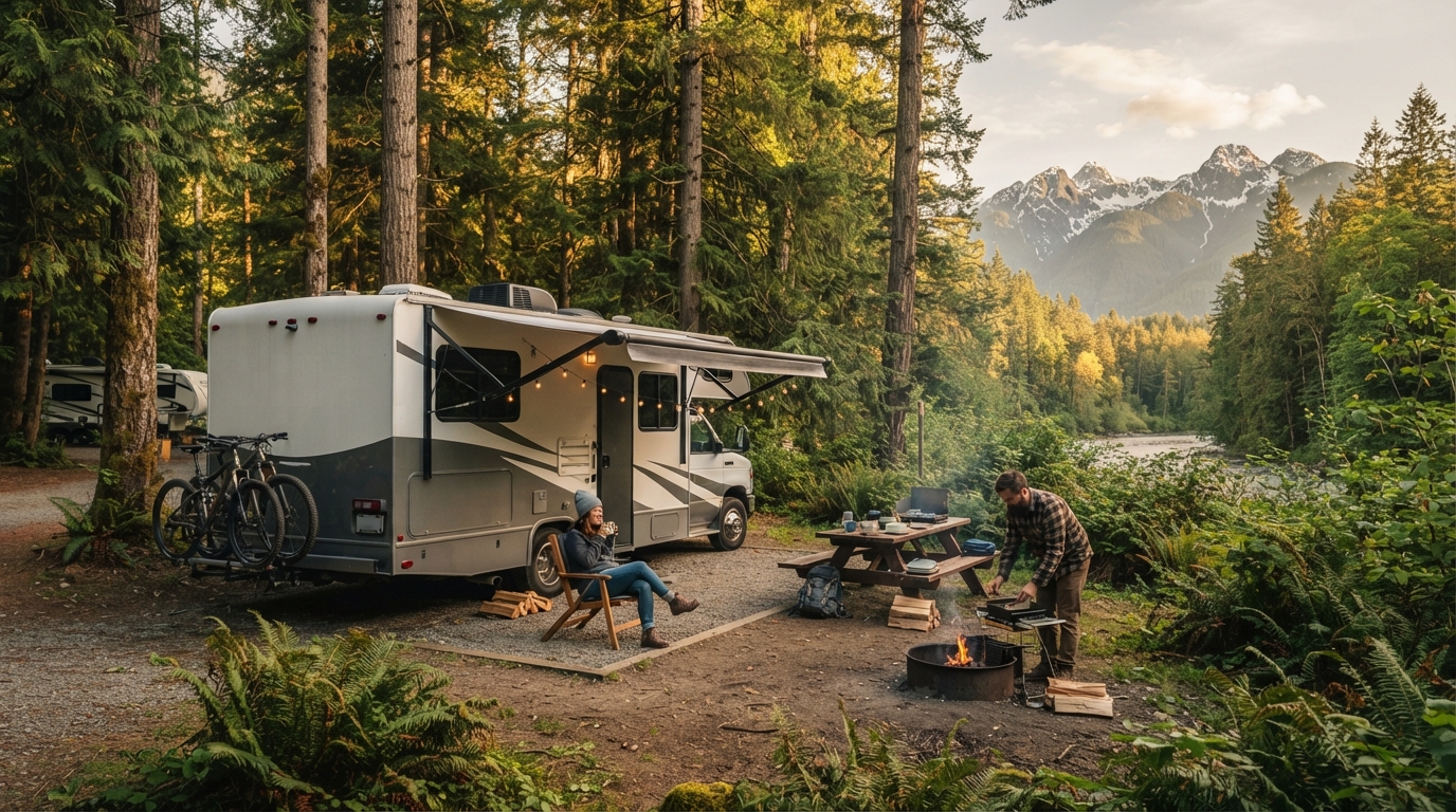 Vancouver to Montreal - The Pacific to Quebec Quest — campground with a motorhome