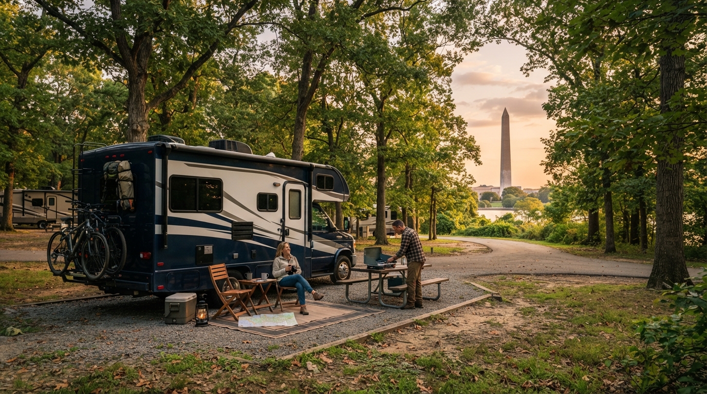 Washington DC to Portland - From East to West A Family Adventure — campground with a motorhome