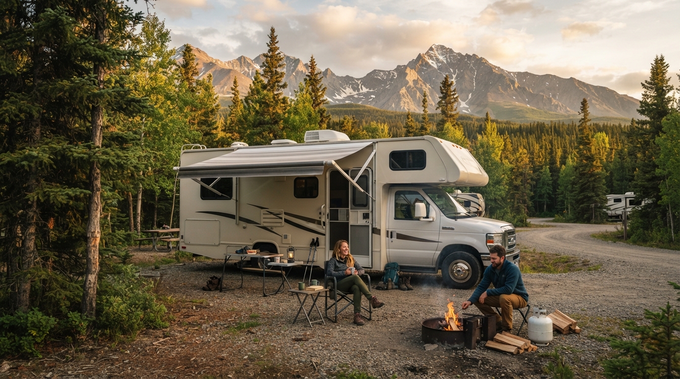 Whitehorse Round trip - The Wild North Road Trip — campground with a motorhome