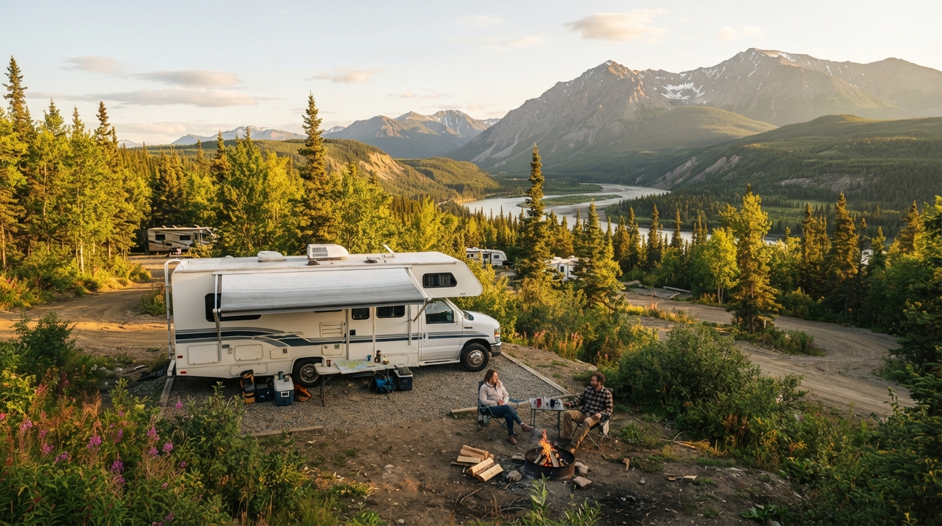 Whitehorse to Edmonton - Rolling Through the Rockies: A Campervan Experience — campground with a motorhome