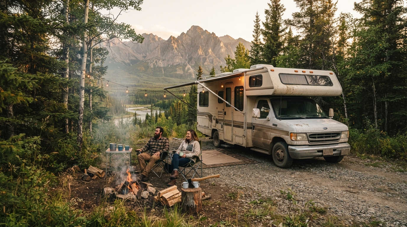 Whitehorse to Calgary - The Pioneer Pathway — campground with a motorhome