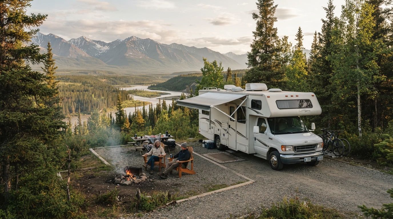 Whitehorse to Vancouver - The Northern Trails to Pacific Sails — campground with a motorhome