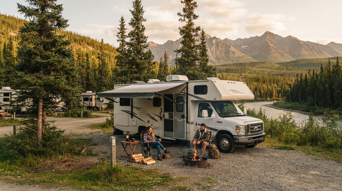 Whitehorse to Vancouver - The Great Northern Adventure — campground with a motorhome