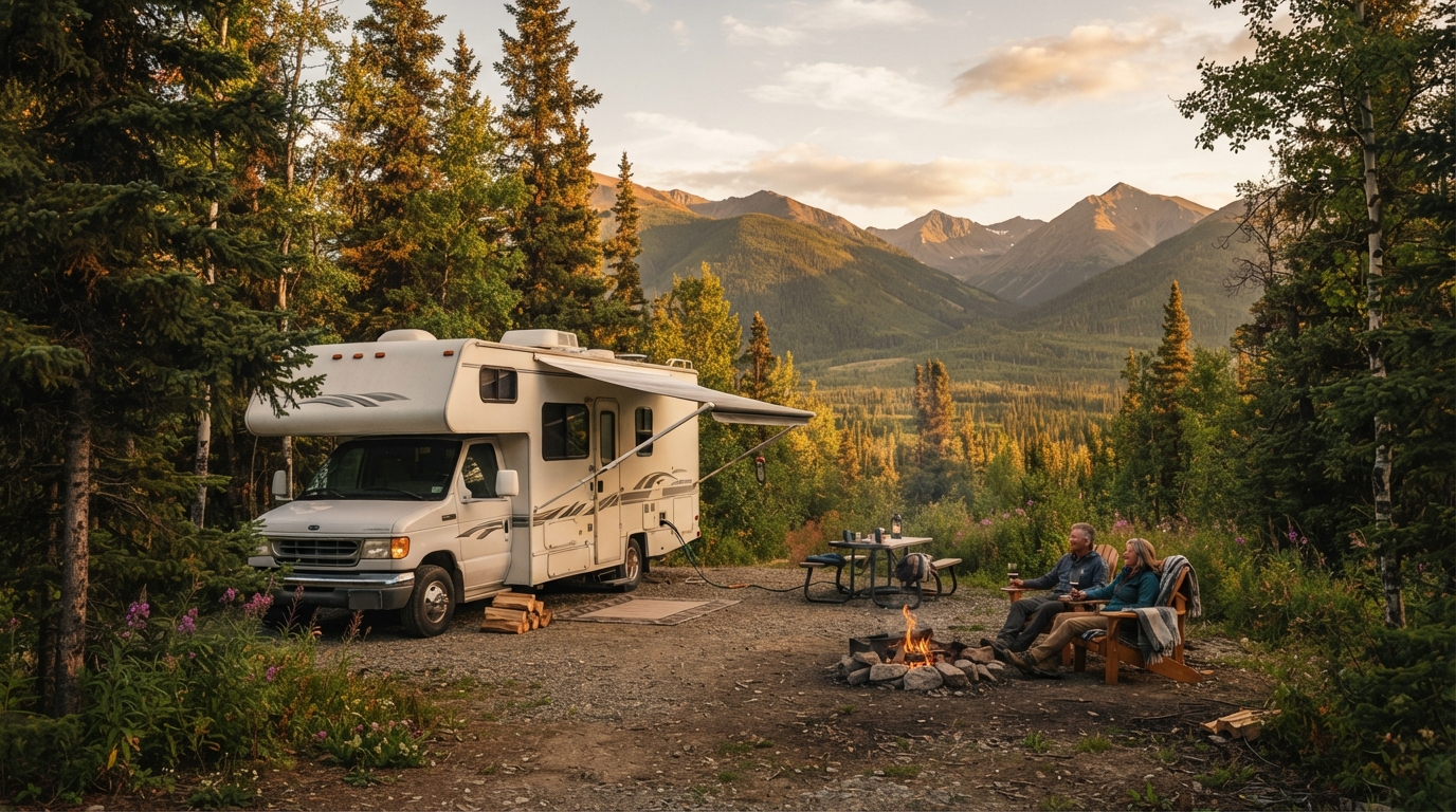 Whitehorse to Vancouver - The Great Northern Adventure — campground with a motorhome
